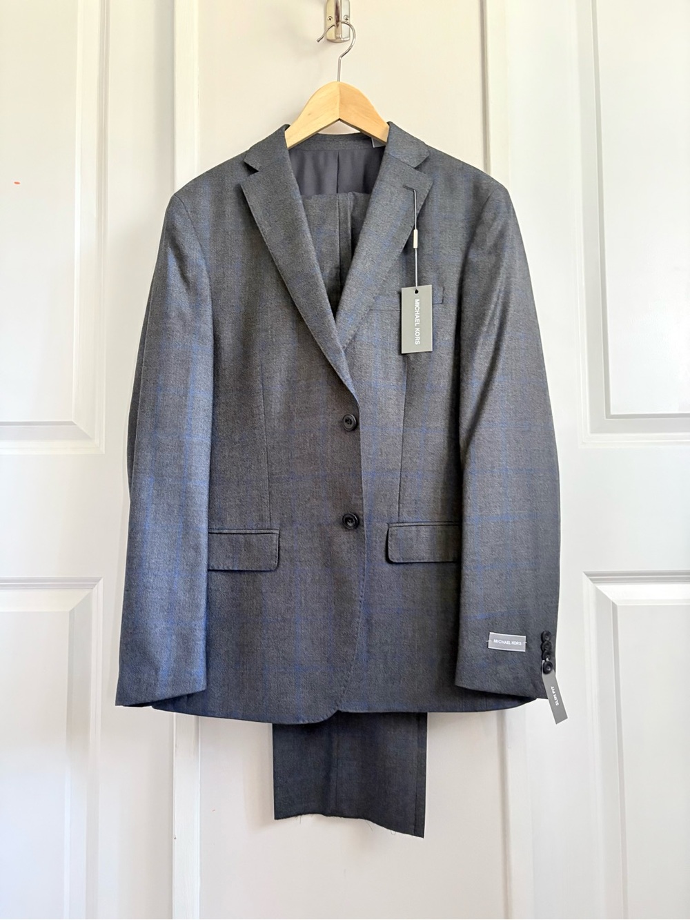 NWT Michael Kors Wool Windowpane Suit Charcoal Indigo 40R